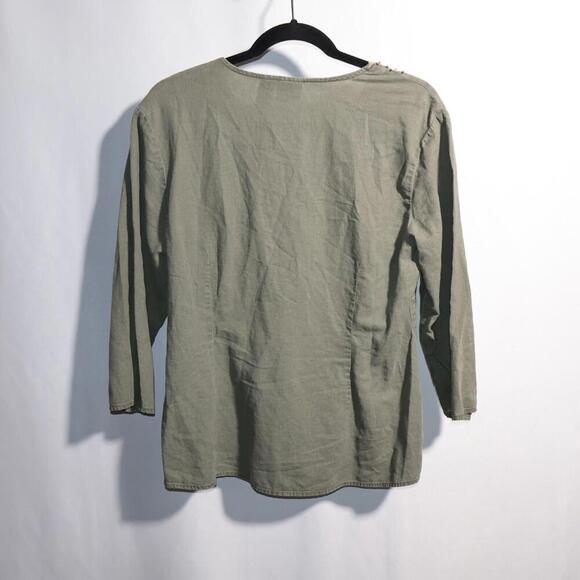 Forest Fairy Green Linen Blend Beaded Top‎ V Neck 3/4 Long Sleeve Boho Woodsy L - Picture 3 of 9